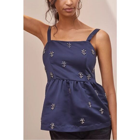 NEW Anthropologie Dhruv Kapoor Beaded Floral Rhinestone Babydoll Tank Top Large - Picture 3 of 3